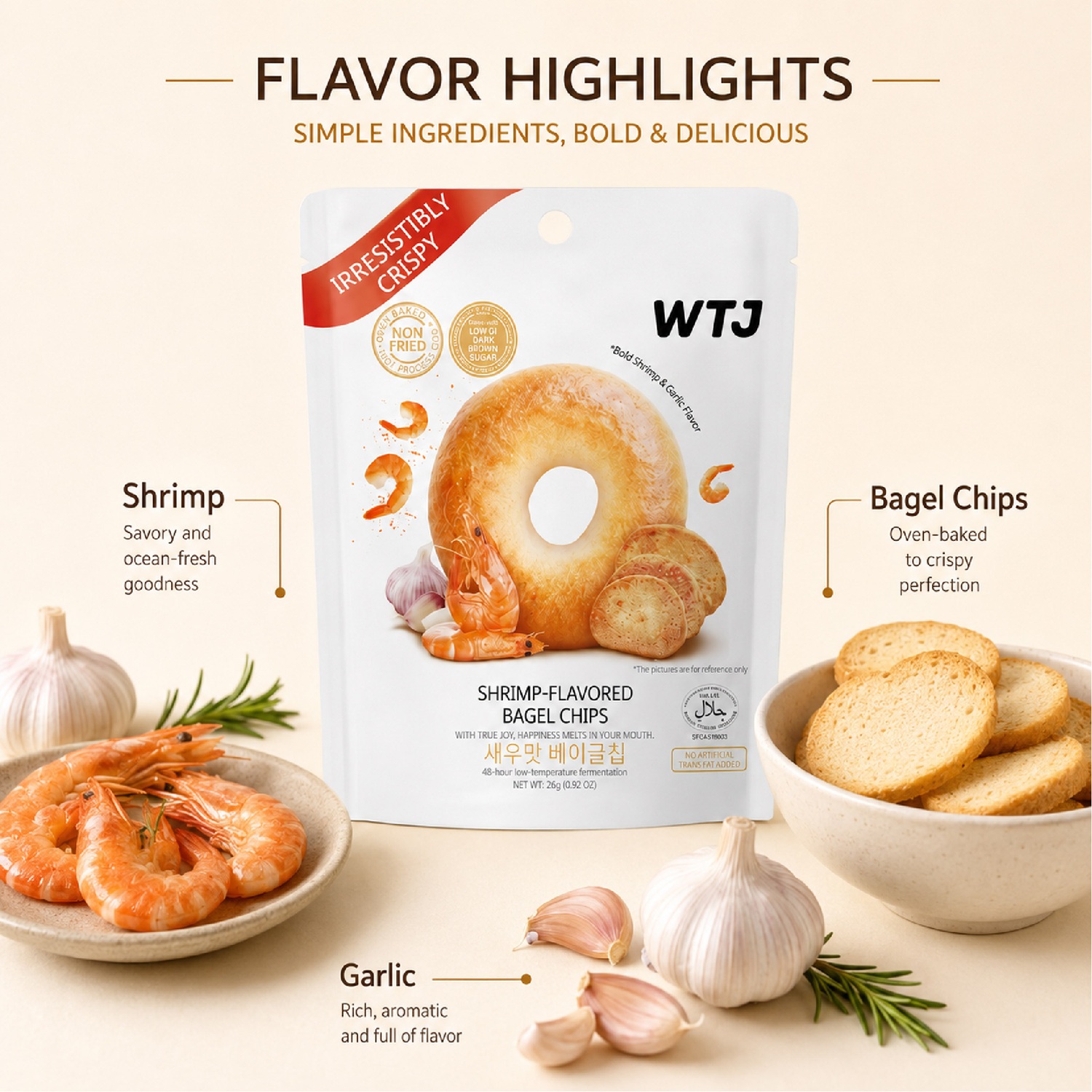 WTJ Shrimp Garlic Flavoured Bagel Chips 26g for Snacks, Keropok, Bagel Snacks, Crunchy Snacks