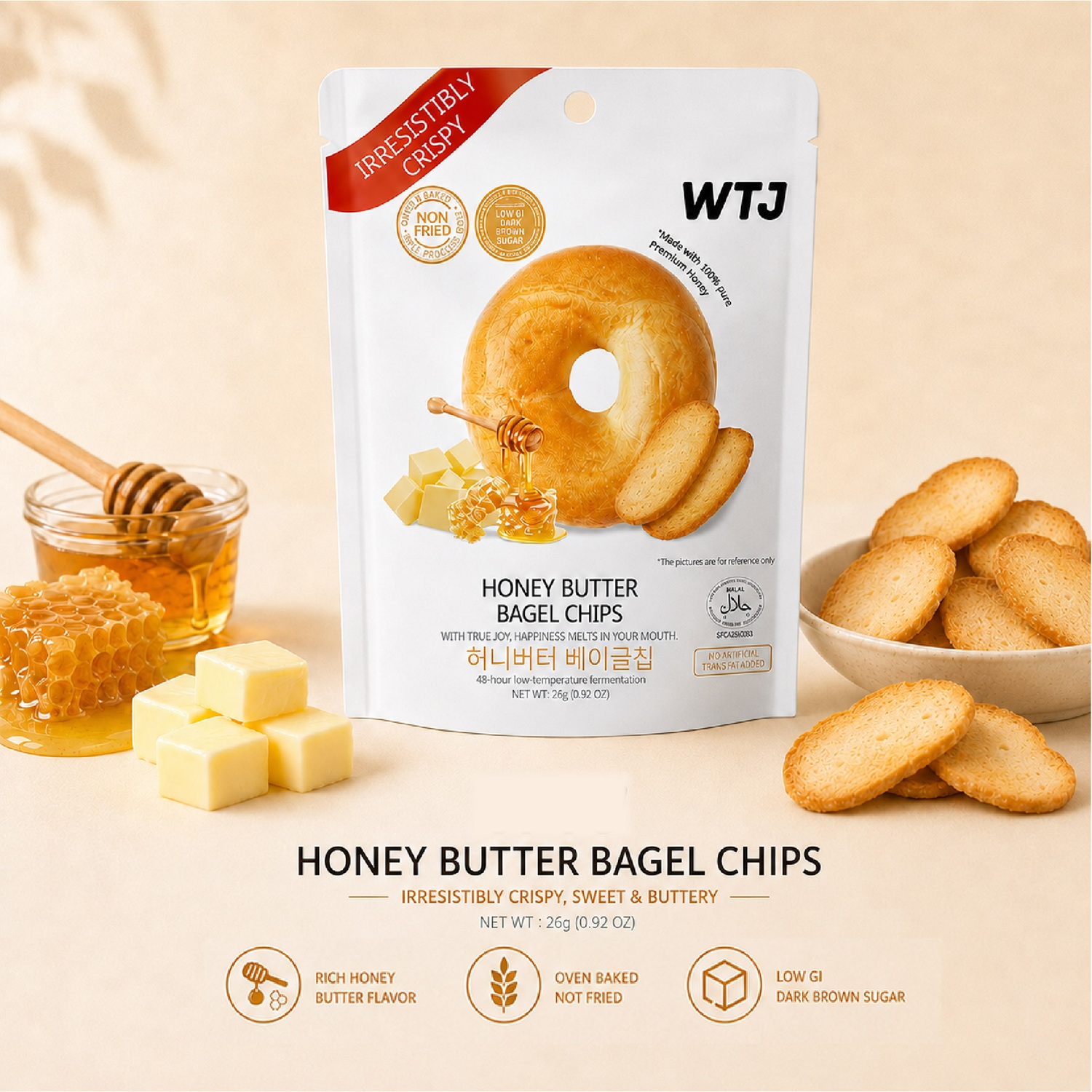WTJ Honey Butter Bagel Chips 26g for Snacks, Keropok, Bagel Snacks, Crunchy Snacks
