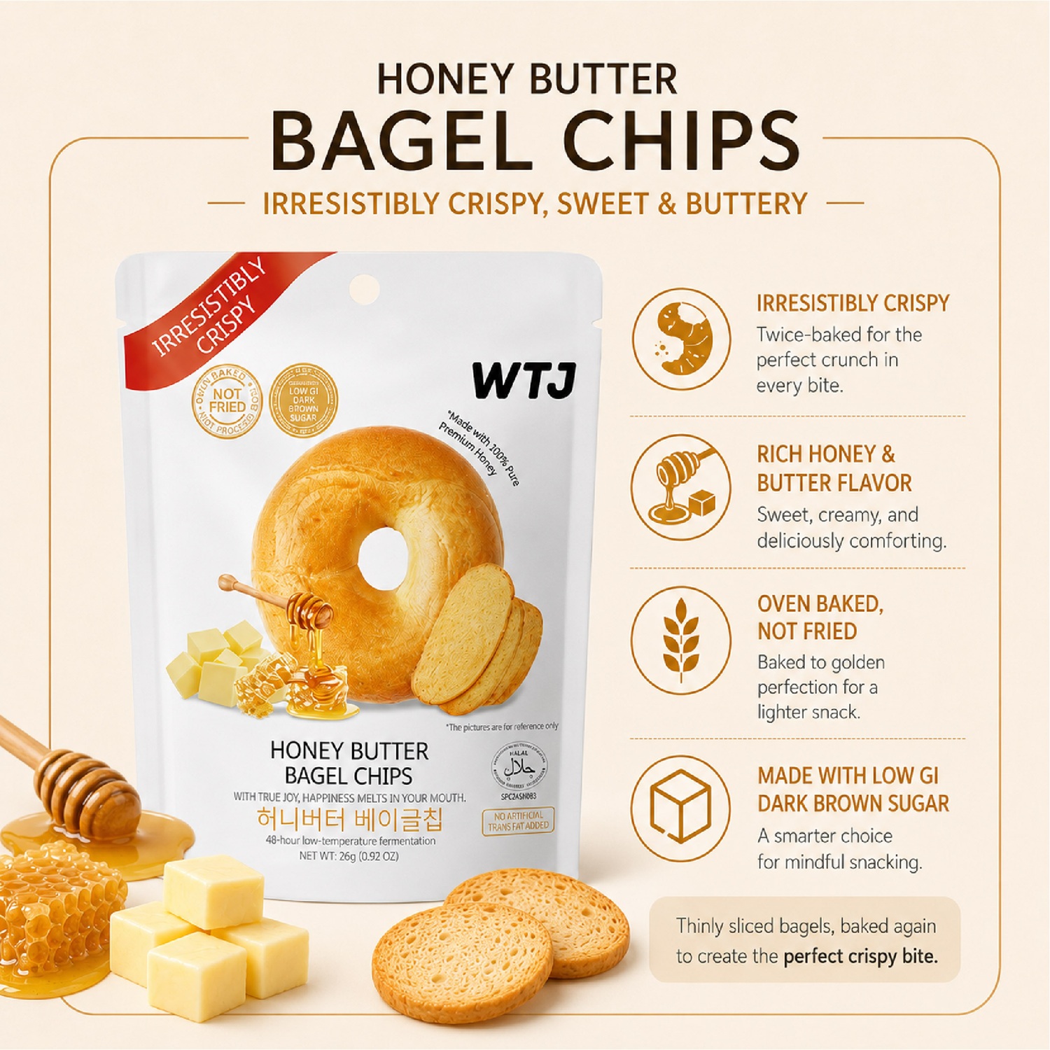 WTJ Honey Butter Bagel Chips 26g for Snacks, Keropok, Bagel Snacks, Crunchy Snacks