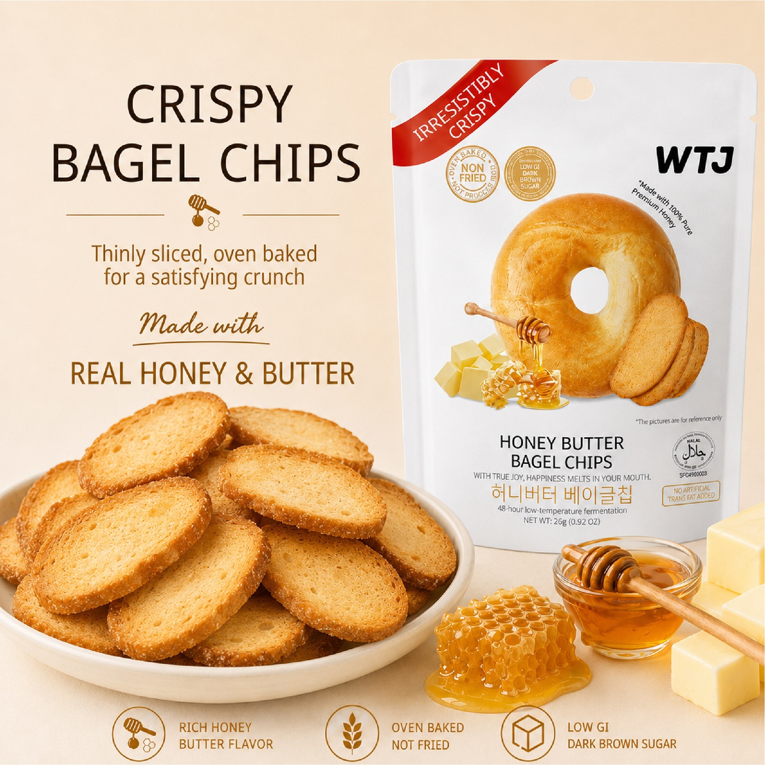 WTJ Honey Butter Bagel Chips 26g for Snacks, Keropok, Bagel Snacks, Crunchy Snacks