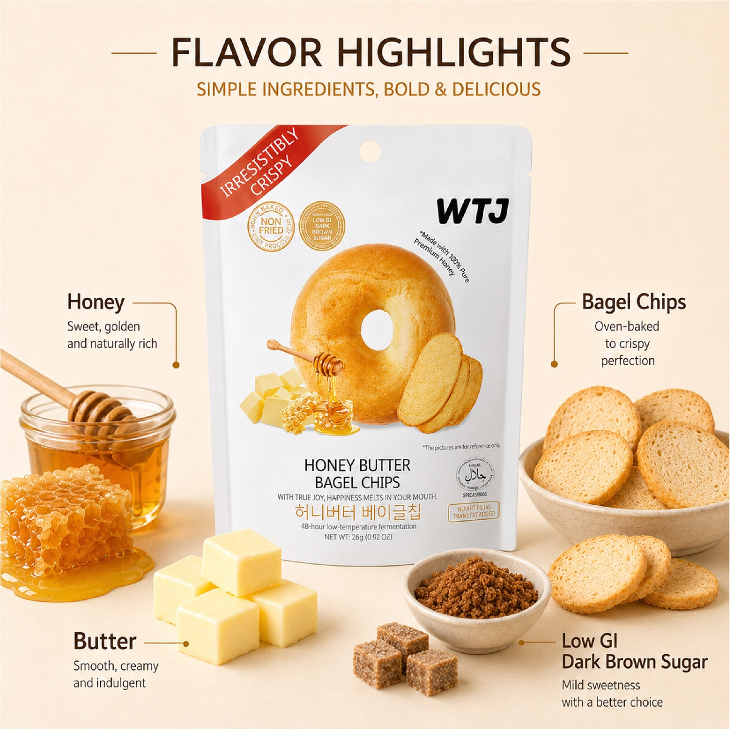 WTJ Honey Butter Bagel Chips 26g for Snacks, Keropok, Bagel Snacks, Crunchy Snacks