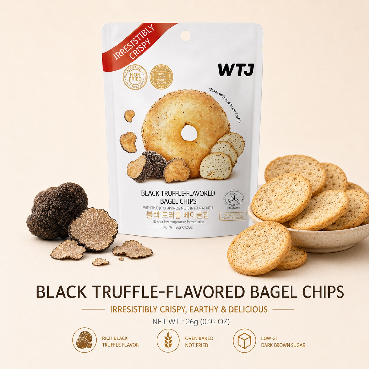 WTJ Black Truffle Flavoured Bagel Chips 26g for Snacks, Keropok, Bagel Snacks, Crunchy Snacks