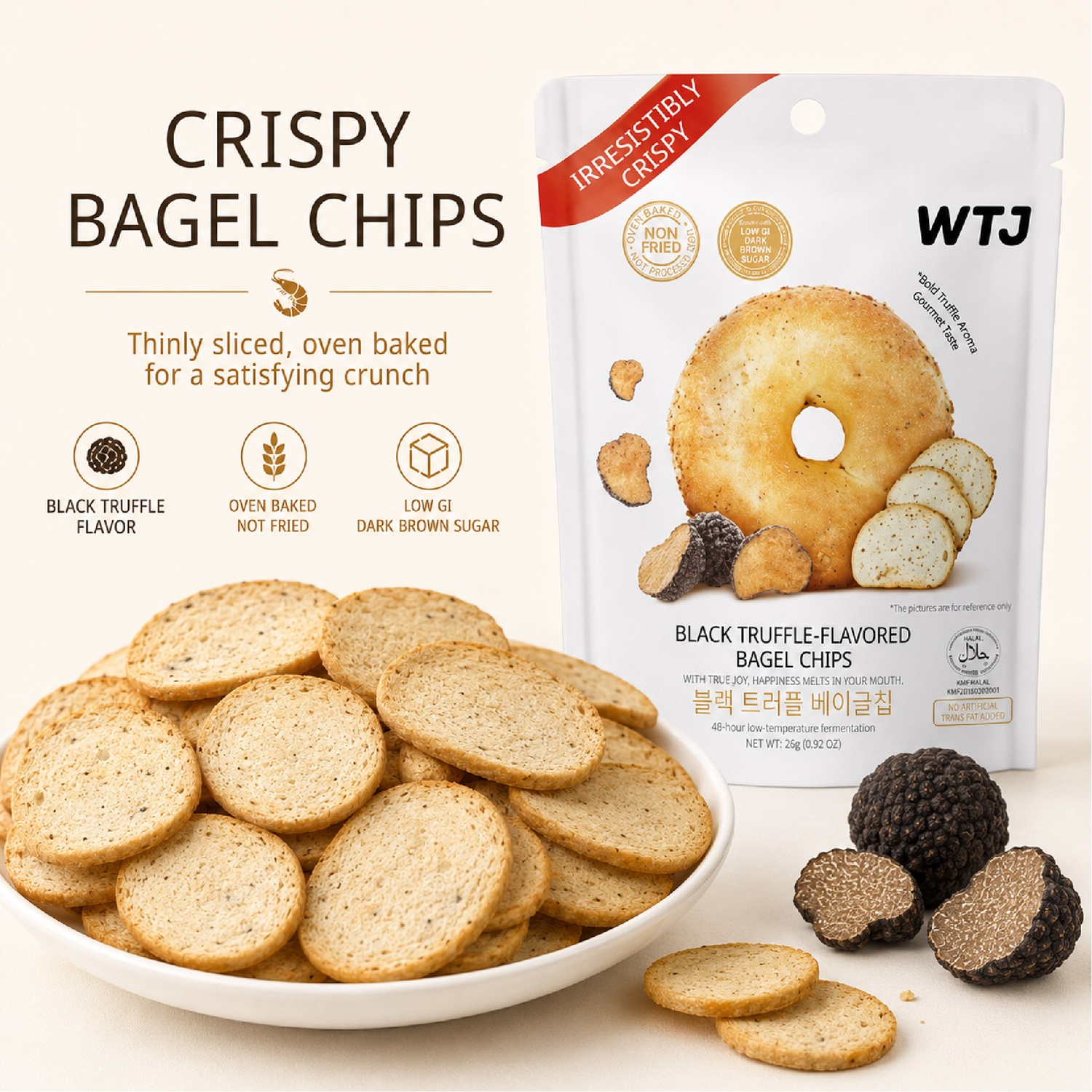 WTJ Black Truffle Flavoured Bagel Chips 26g for Snacks, Keropok, Bagel Snacks, Crunchy Snacks