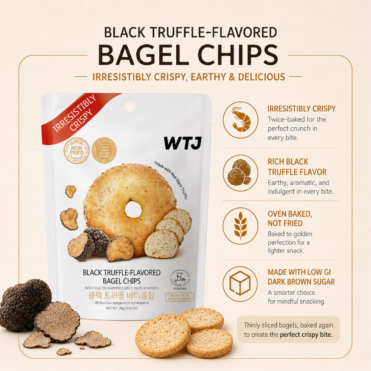 WTJ Black Truffle Flavoured Bagel Chips 26g for Snacks, Keropok, Bagel Snacks, Crunchy Snacks