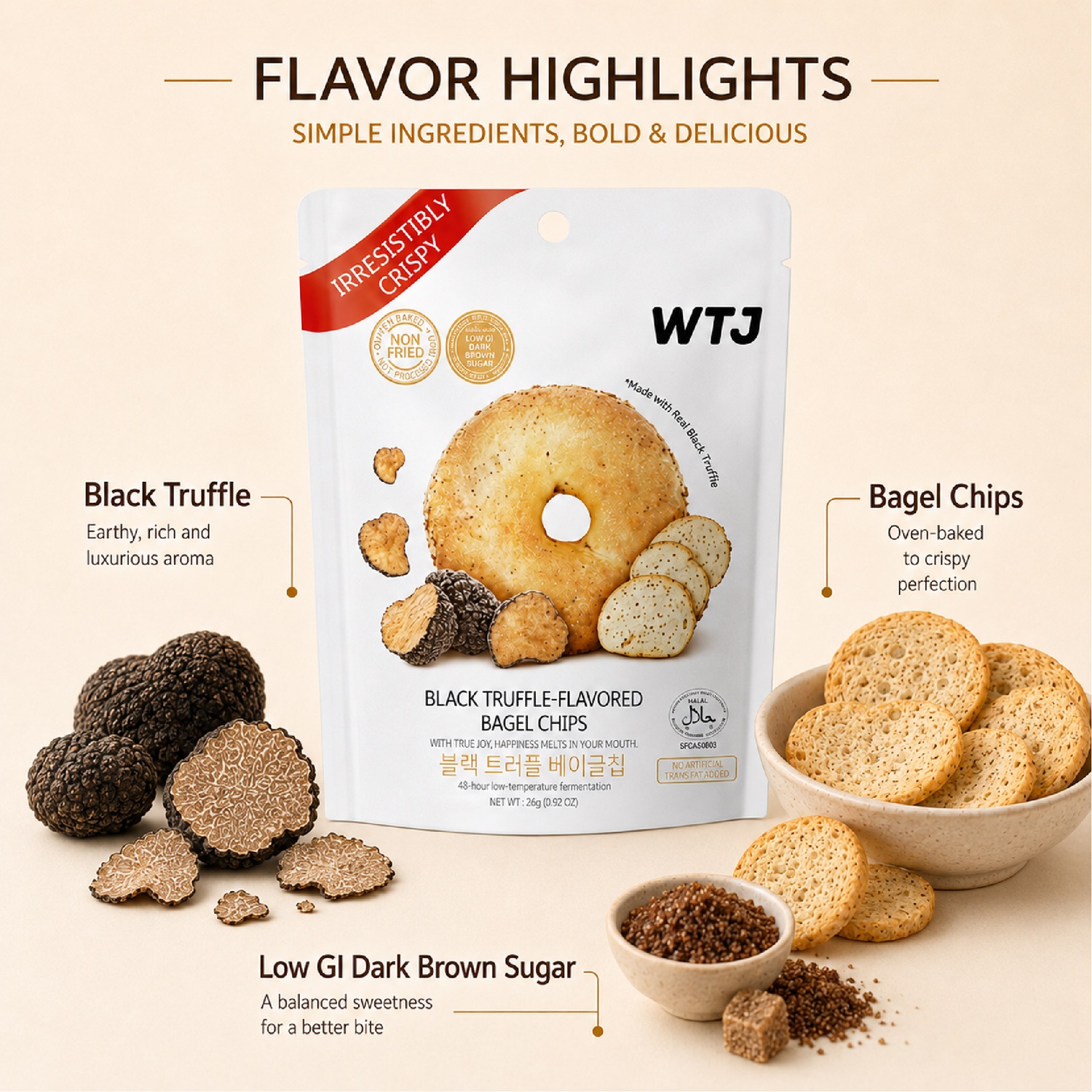 WTJ Black Truffle Flavoured Bagel Chips 26g for Snacks, Keropok, Bagel Snacks, Crunchy Snacks