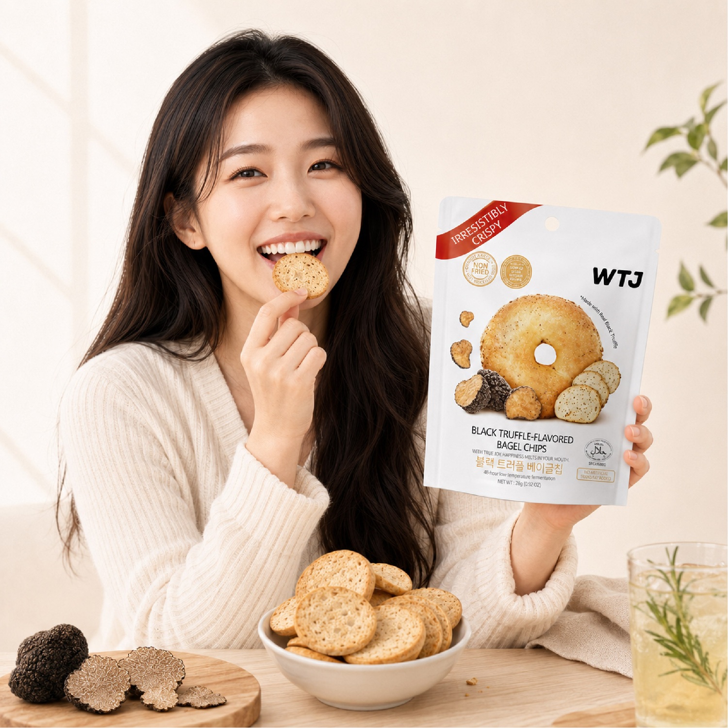 WTJ Black Truffle Flavoured Bagel Chips 26g for Snacks, Keropok, Bagel Snacks, Crunchy Snacks