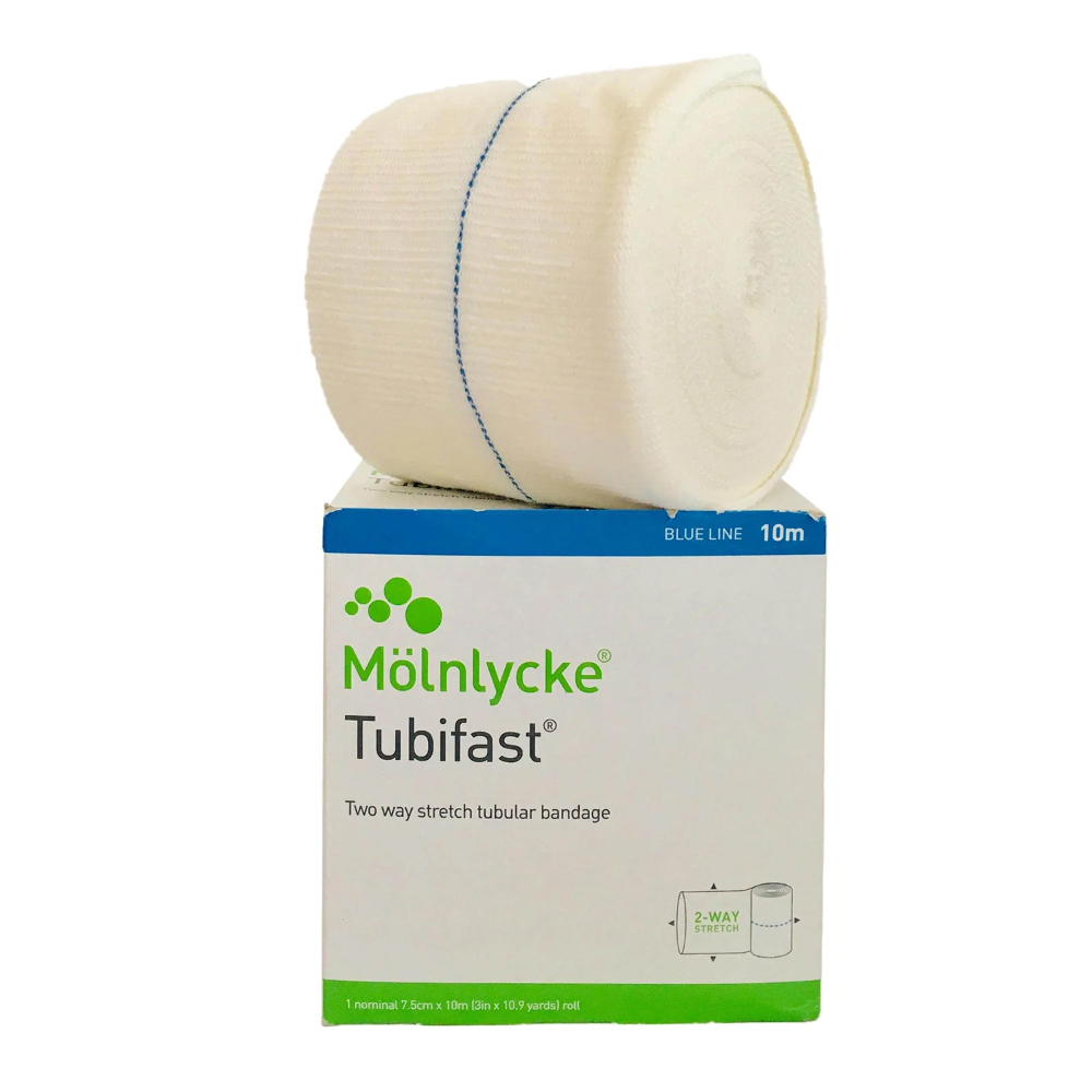 MOLNLYCKE Tubifast Bandage Roll 2way Stretch Tubular 10m (Red, Blue, Yellow, Purple Line)
