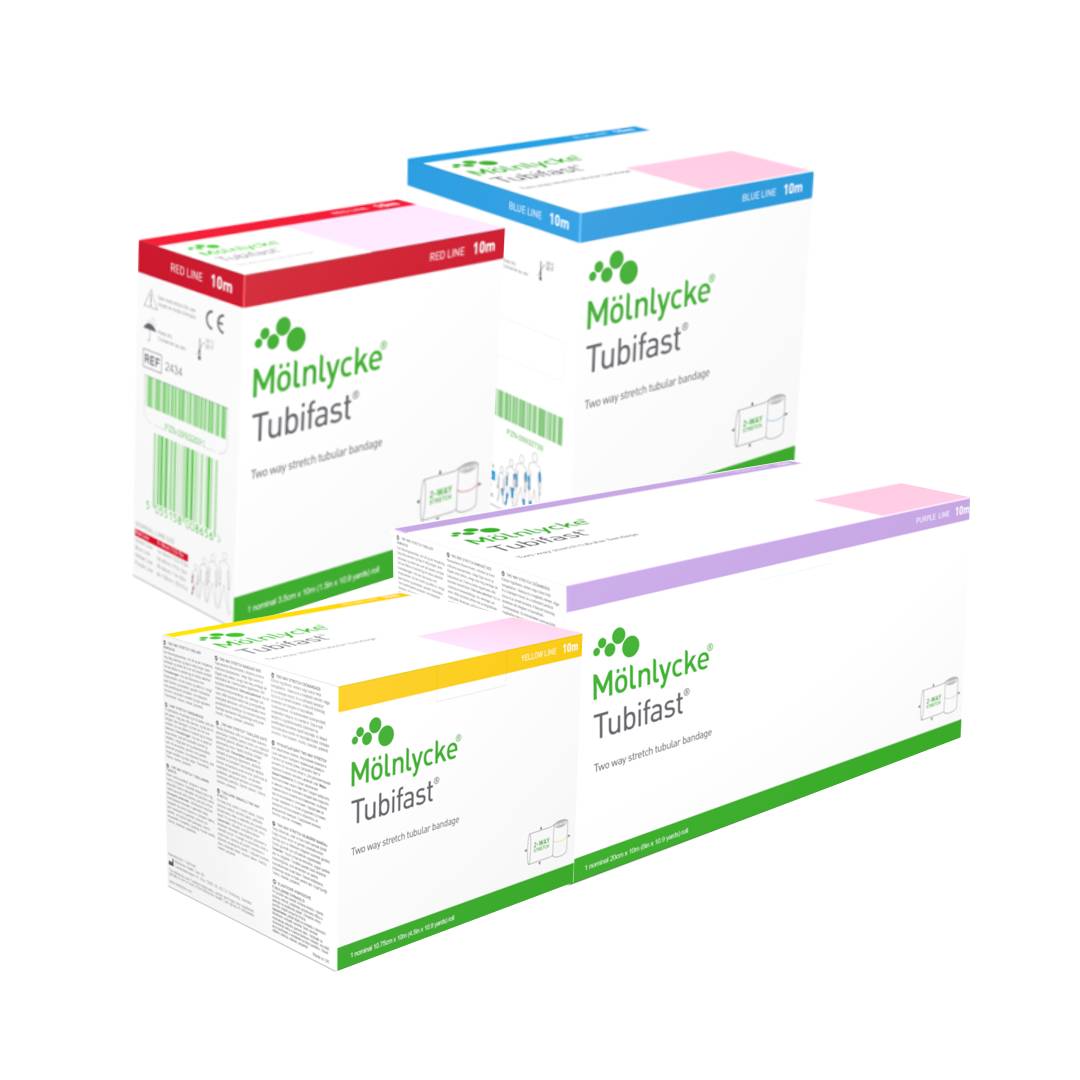 MOLNLYCKE Tubifast Bandage Roll 2way Stretch Tubular 10m (Red, Blue, Yellow, Purple Line)