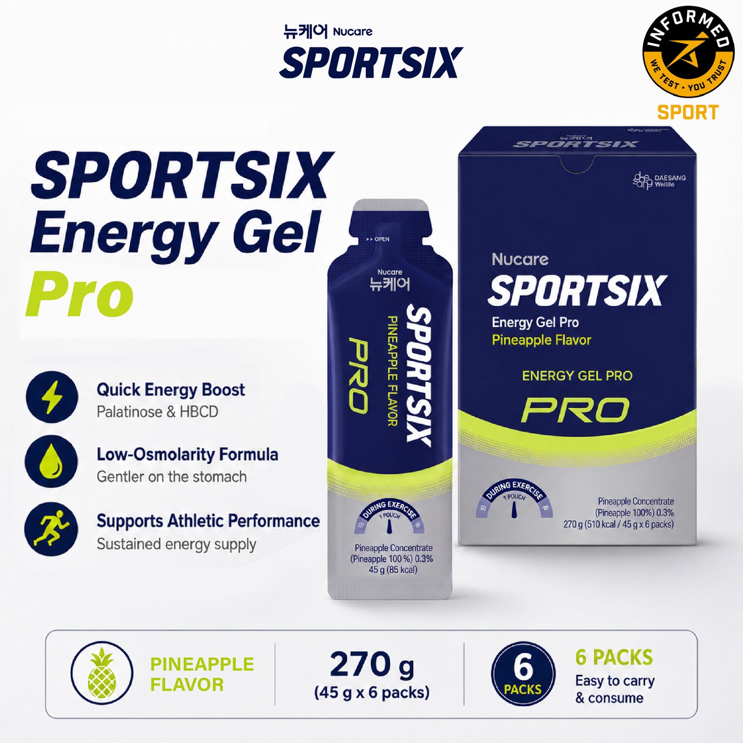 SPORTSIX Energy Gel Pro Pineapple 45g X 6's for Caffeine Free Energy Gel Running , Running Gel Energy