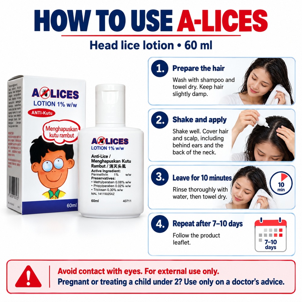 HOE A-Lices Lotion 60ml with Permethrin, Head Lice Treatment, Ubat Kutu Rambut, Anti Kutu