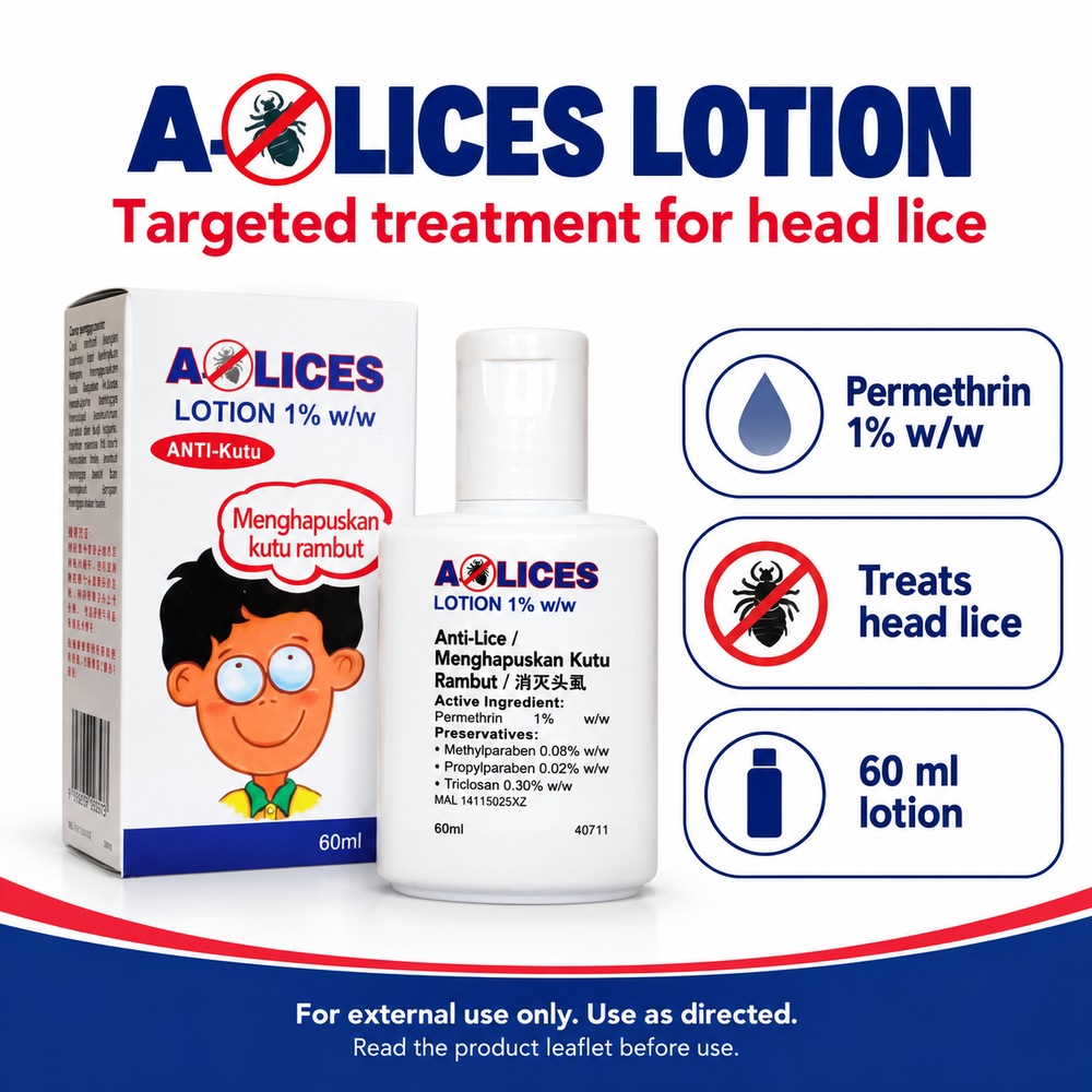 HOE A-Lices Lotion 60ml with Permethrin, Head Lice Treatment, Ubat Kutu Rambut, Anti Kutu