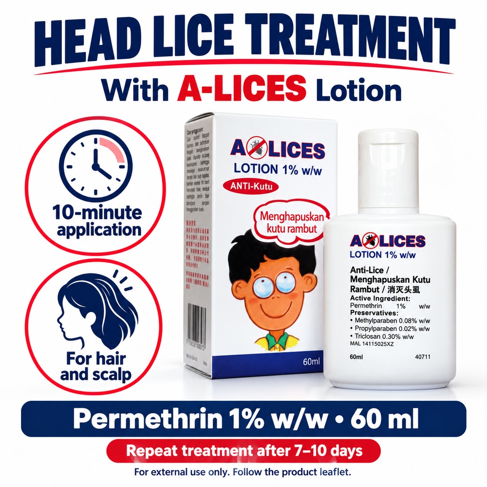 HOE A-Lices Lotion 60ml with Permethrin, Head Lice Treatment, Ubat Kutu Rambut, Anti Kutu