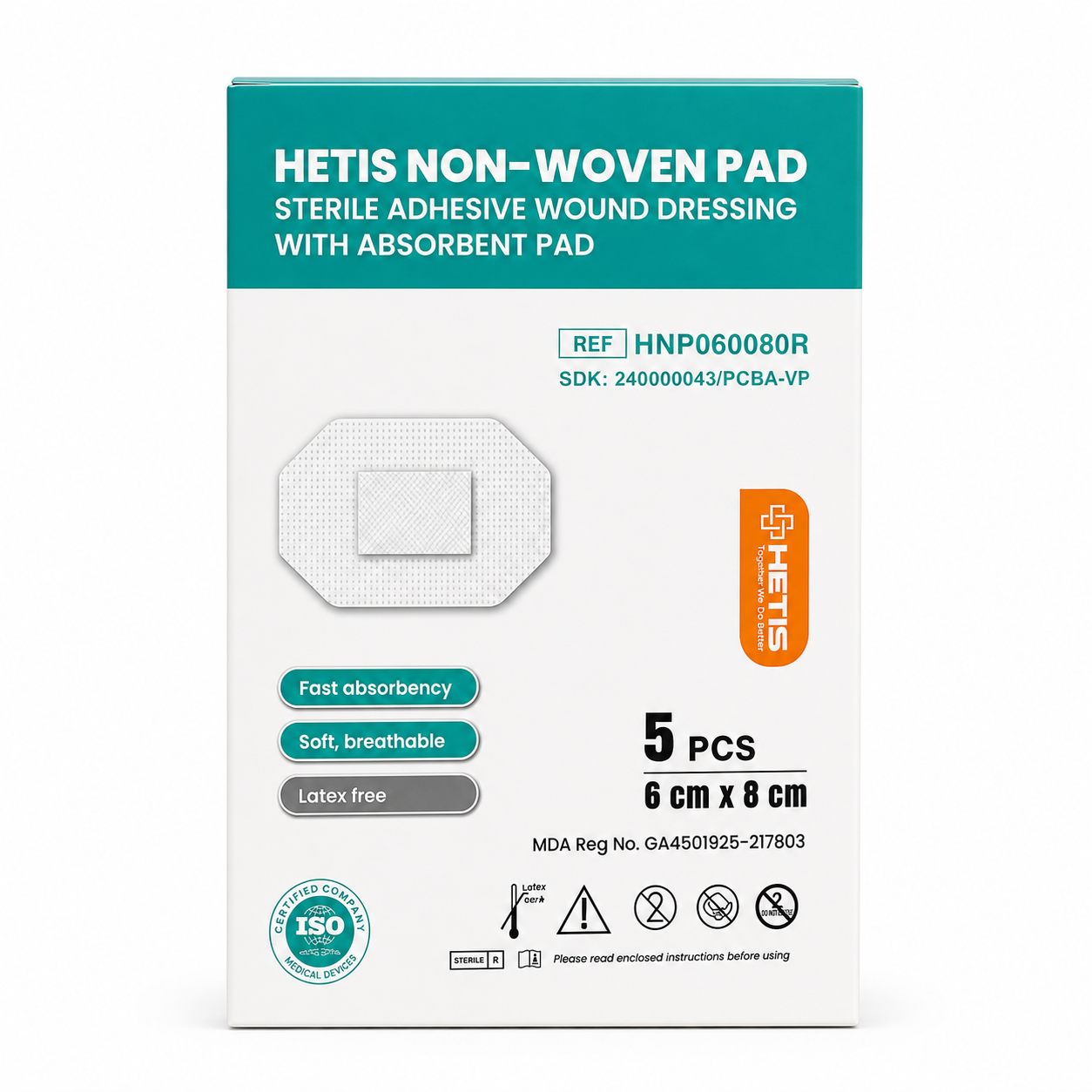 HETIS Non-Woven Pad 5's for Sterile Adhesive Wound Dressing with Absorbent Pad, Pembalut Luka