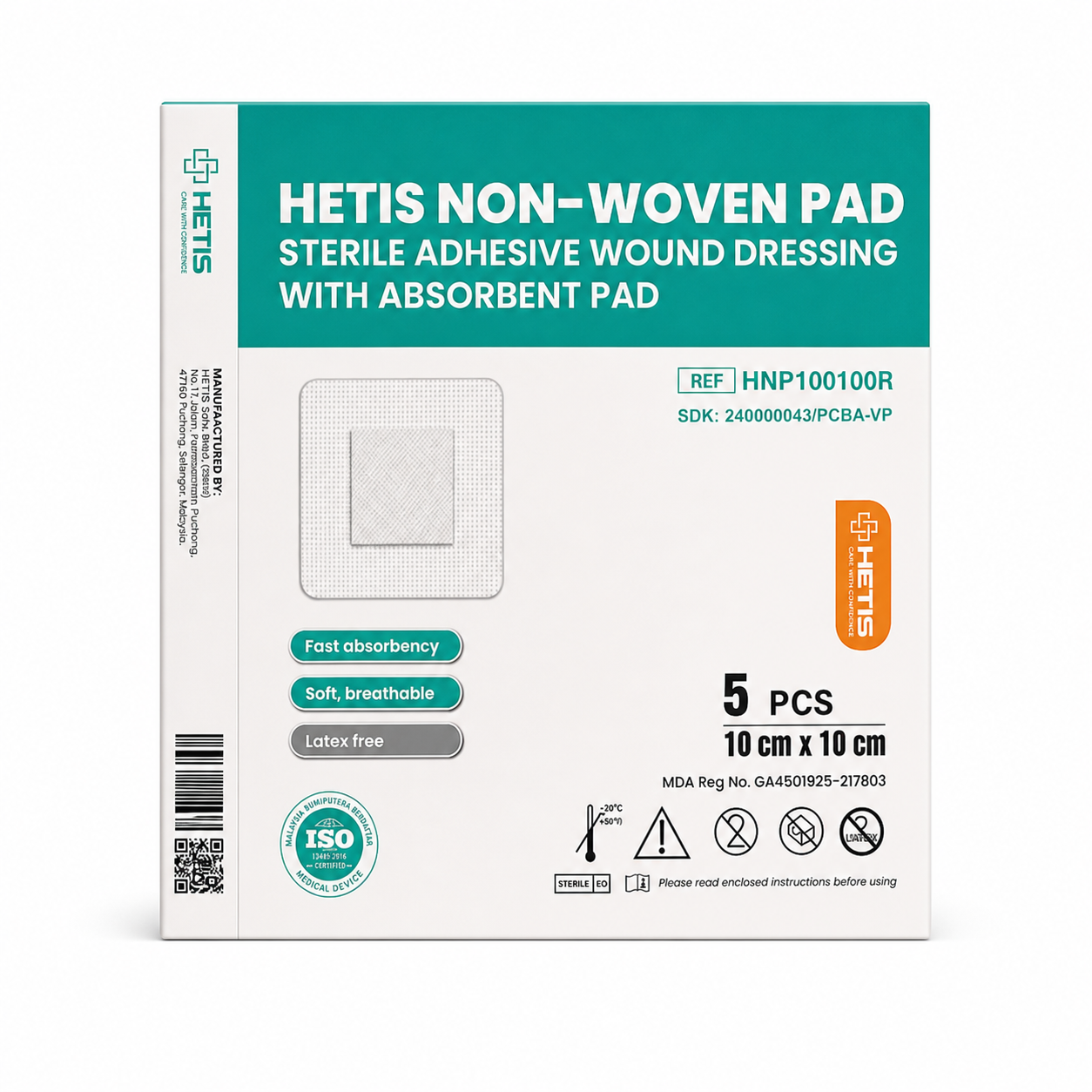HETIS Non-Woven Pad 5's for Sterile Adhesive Wound Dressing with Absorbent Pad, Pembalut Luka