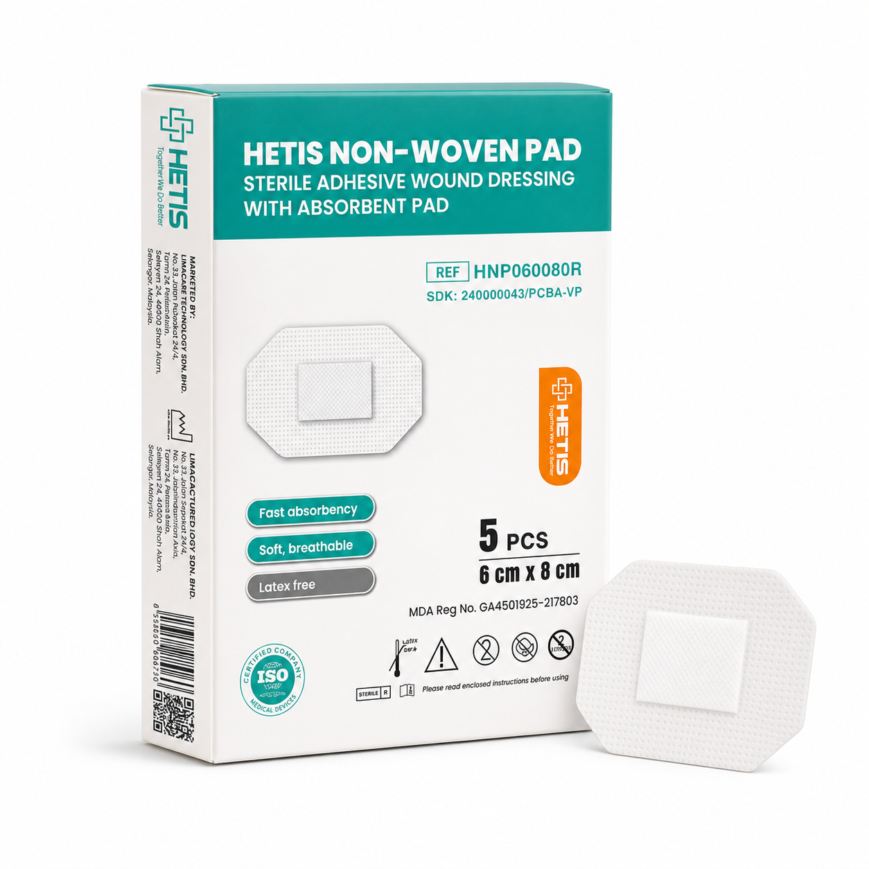HETIS Non-Woven Pad 5's for Sterile Adhesive Wound Dressing with Absorbent Pad, Pembalut Luka