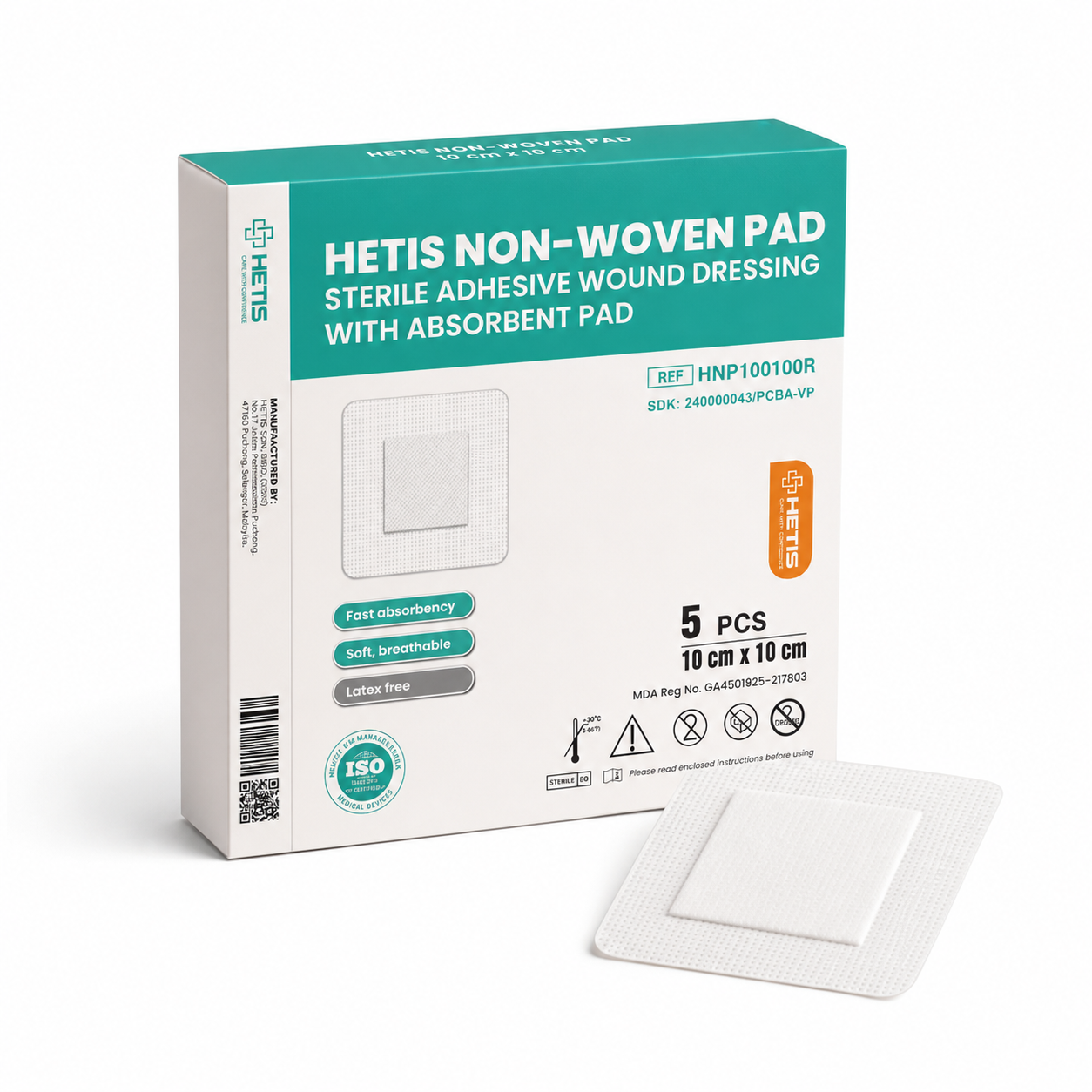 HETIS Non-Woven Pad 5's for Sterile Adhesive Wound Dressing with Absorbent Pad, Pembalut Luka
