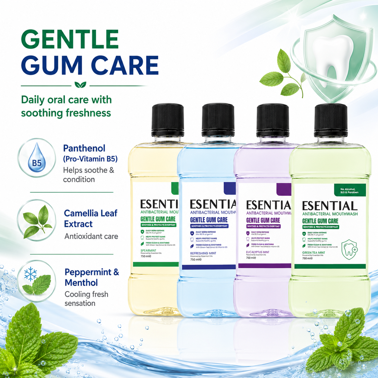 ESENTIAL Antibacterial Mouthwash 750ml for Ubat Kumur Mulut, Mouth Wash, Mouth Rinse, Oral Care