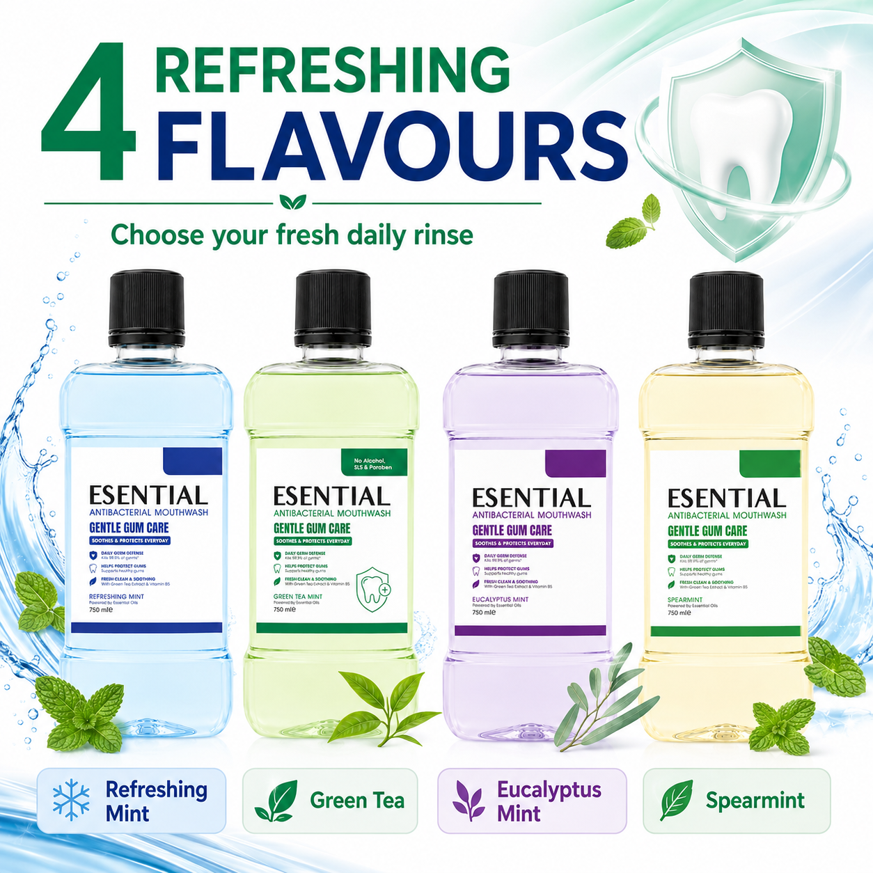 ESENTIAL Antibacterial Mouthwash 750ml for Ubat Kumur Mulut, Mouth Wash, Mouth Rinse, Oral Care