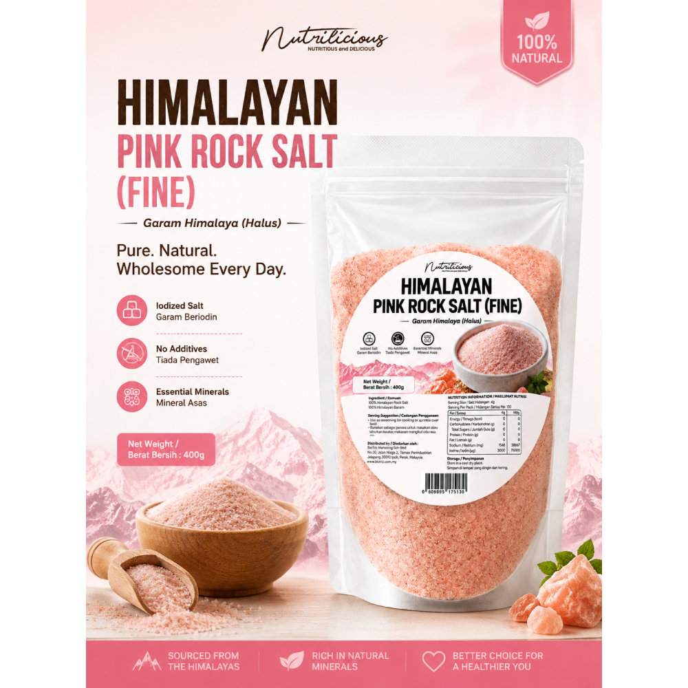 NUTRILICIOUS Himalayan Pink Rock Salt (Fine) 400g for Garam Himalaya, Garam Halus, Fine Salt