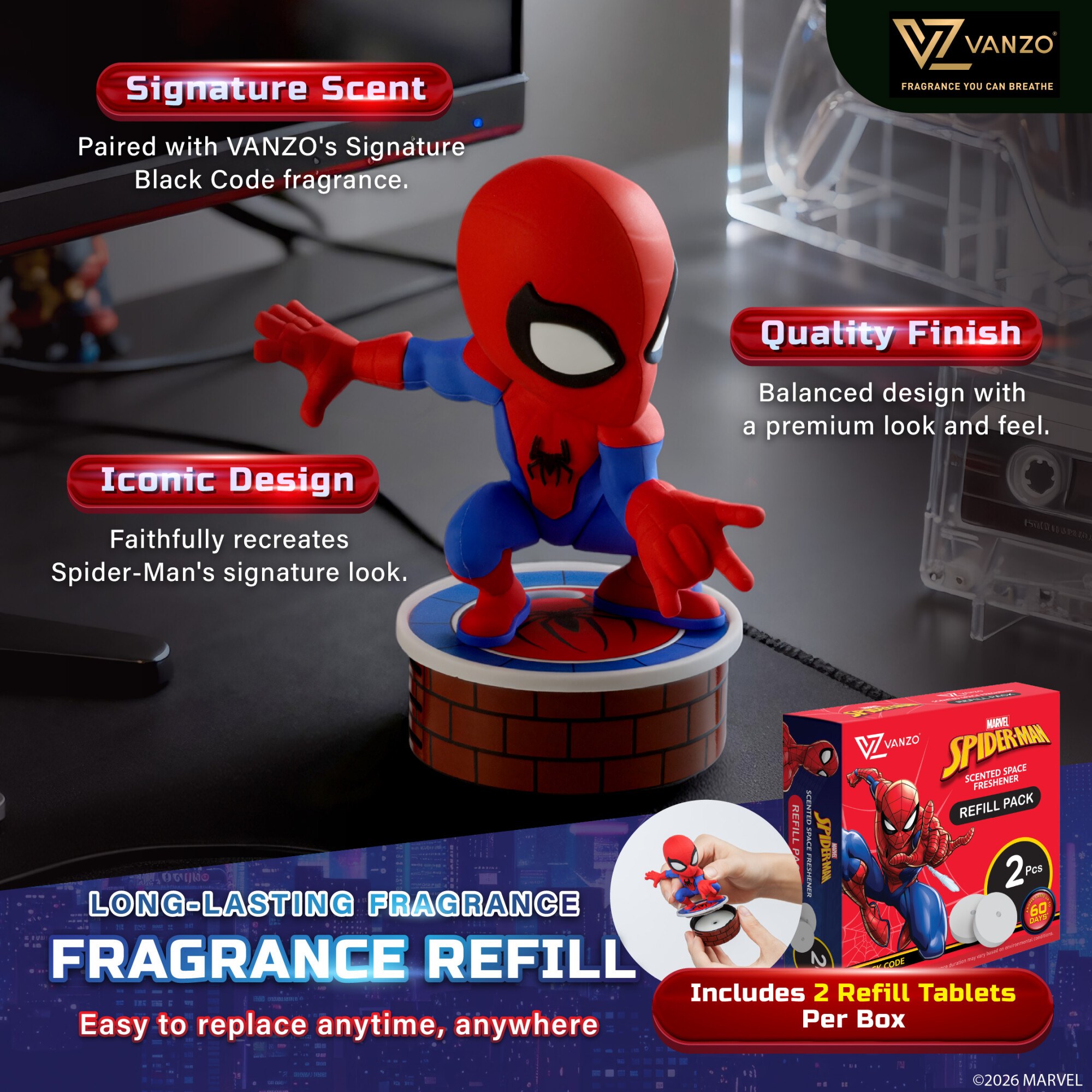 VANZO Marvel Spider-Man Scented Space Freshener 12.5g X 1's - Black Code for Air Freshener