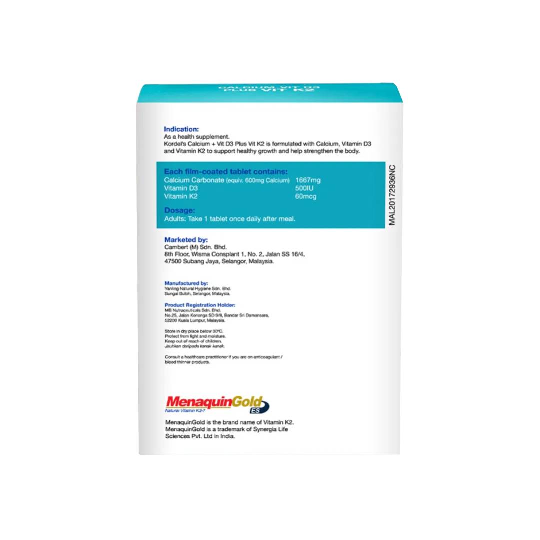KORDEL'S Calcium Vitamin D3 Plus K2 60's X 2 for Bone Supplement, Ubat Tulang