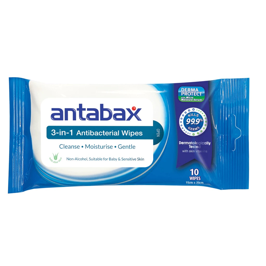 ANTABAX 3 in 1 Antibacterial Wipes 4 X 10's for Cleansing Wipes, Antibacterial Wet Wipes