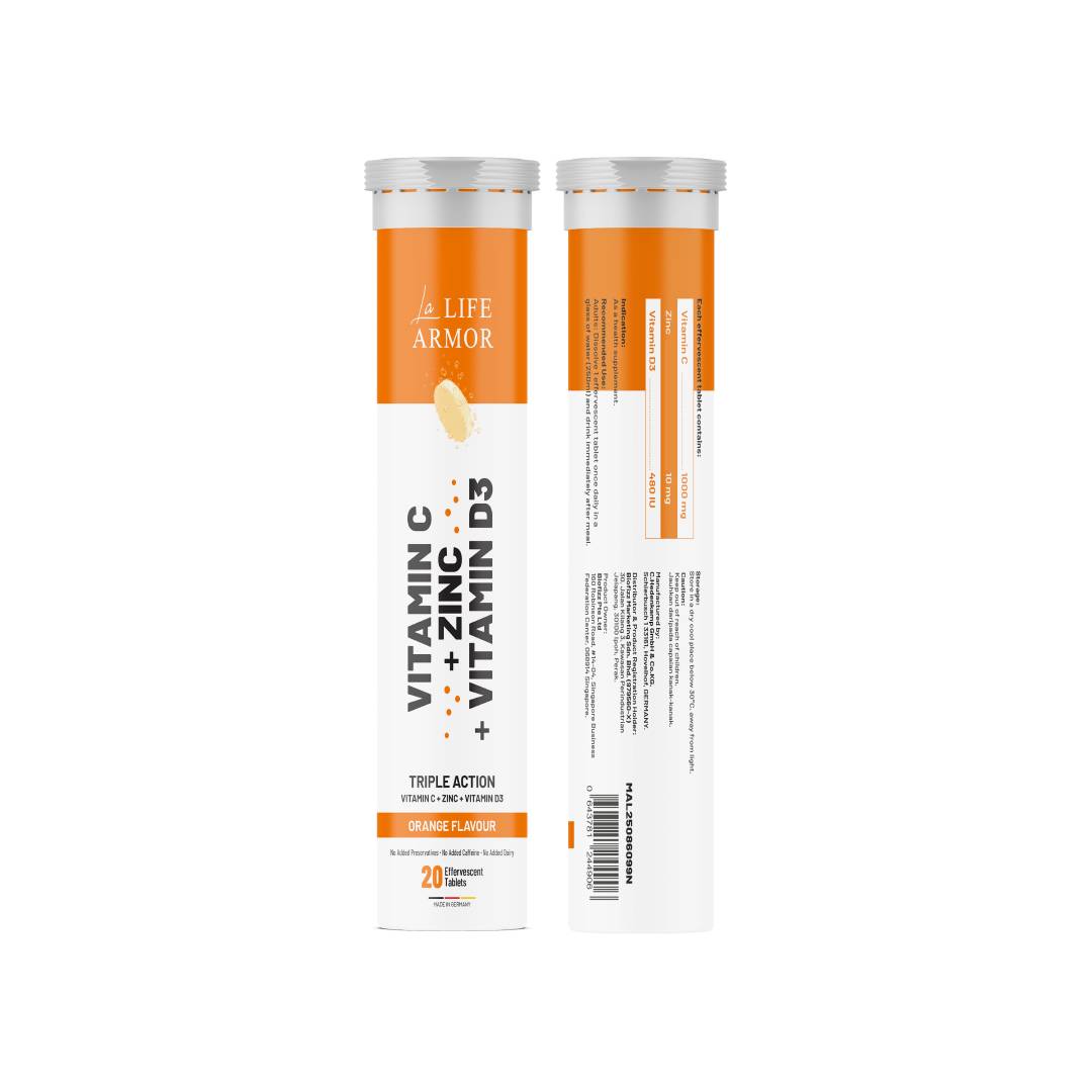 LA LIFE ARMOR Vitamin C + Zinc + Vitamin D3 Effervescent Tablet 2 X 20's for Vitamin C Supplement