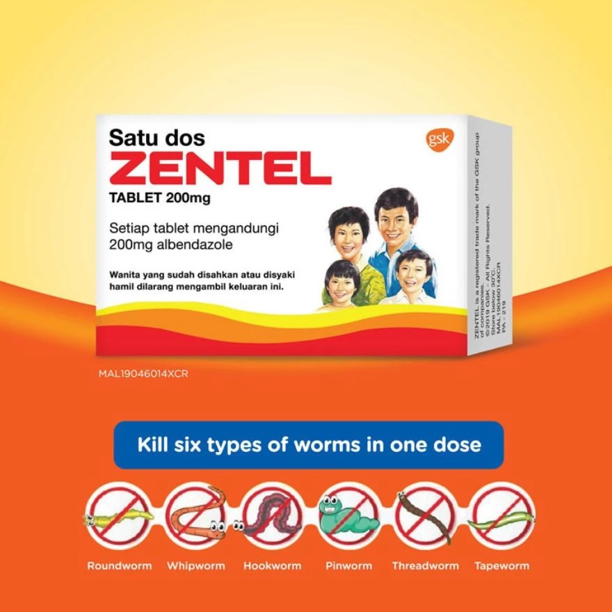 ZENTEL Ubat Cacing 200mg Albendazole 2's for Deworm, Ubat Cacing Dewasa, Ubat Cacing Kanak-Kanak