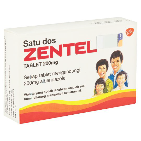 ZENTEL Ubat Cacing 200mg Albendazole 2's for Deworm, Ubat Cacing Dewasa, Ubat Cacing Kanak-Kanak