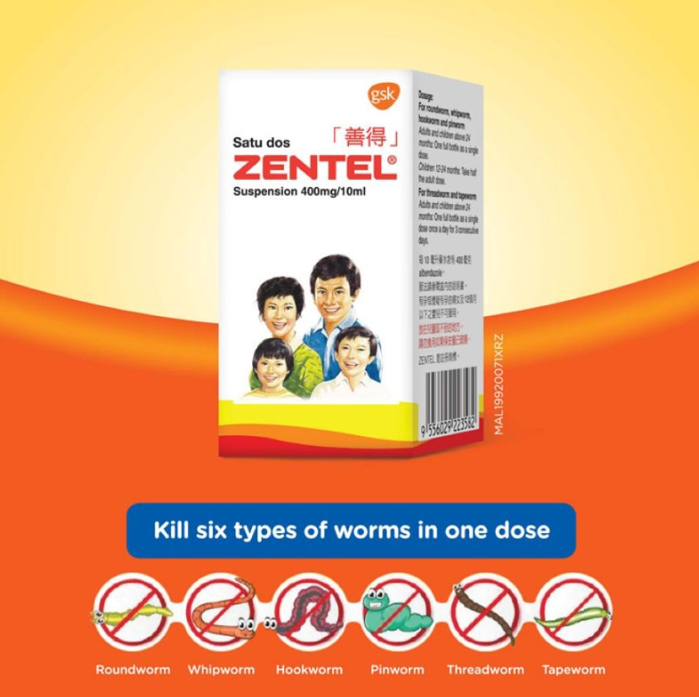 ZENTEL Deworming (Albendazole 400mg/10mL) Suspension (Orange Flavour) 10ml X 2's