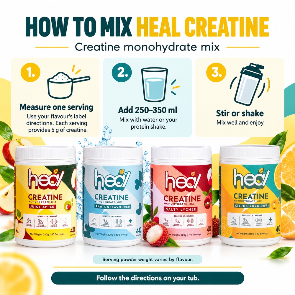 HEAL Creatine Monohydrate (Yuzu / Apple / Lychee / Unflavoured) for Creatine Powder