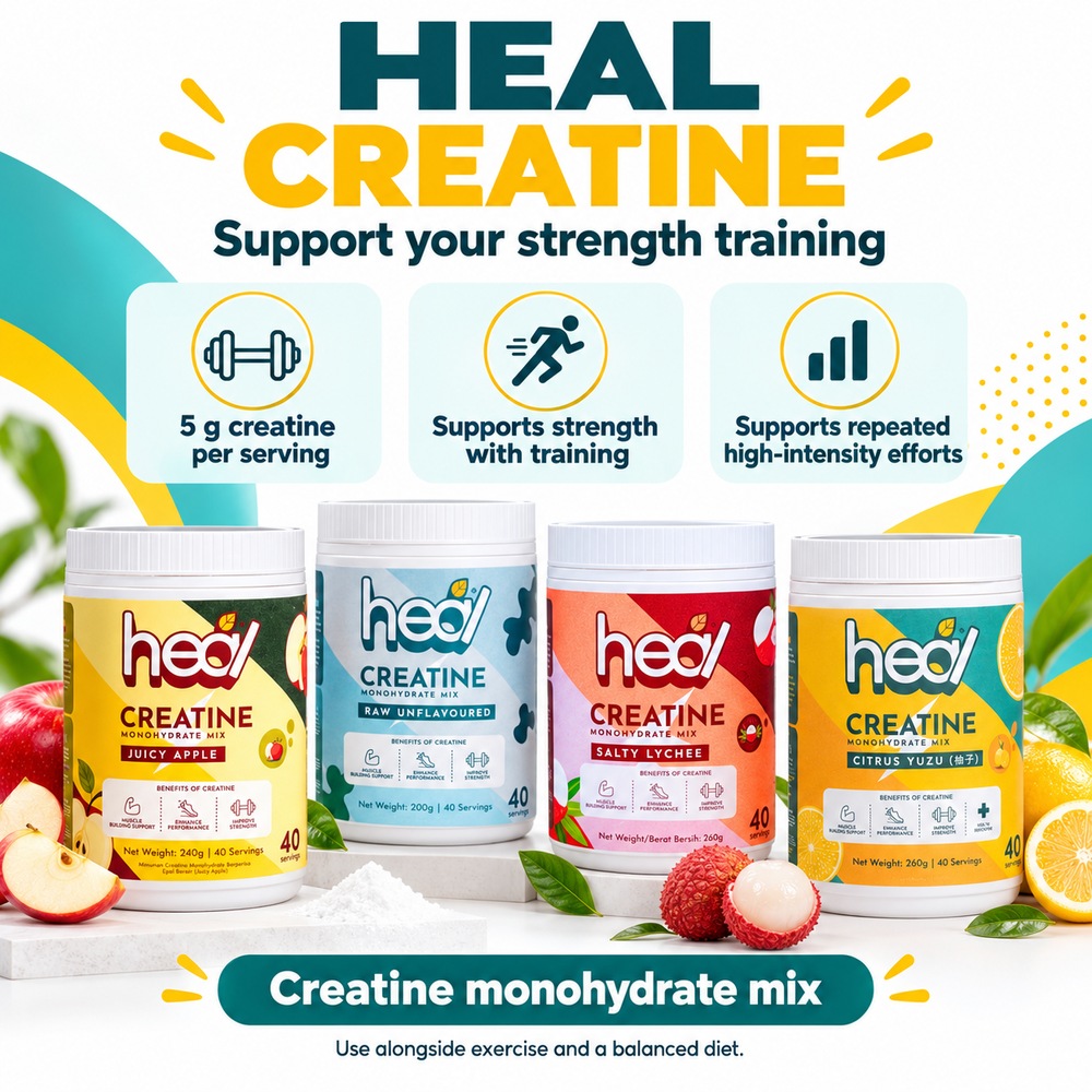 HEAL Creatine Monohydrate (Yuzu / Apple / Lychee / Unflavoured) for Creatine Powder