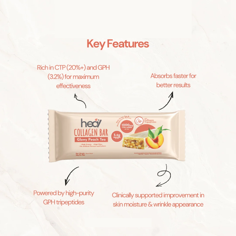 HEAL Collagen Bar 30g (Chocolate Mocha / Glowy Peach Tea) for Bar Kolagen, Snek Kolagen