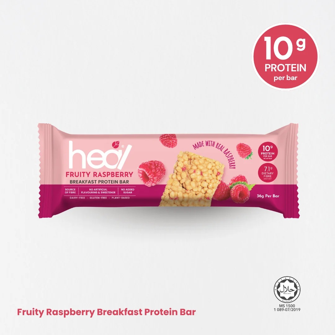 HEAL Breakfast Protein Bar 38g X 12's - Chocolate Crunchy, Fruity Raspberry for Bar Protein