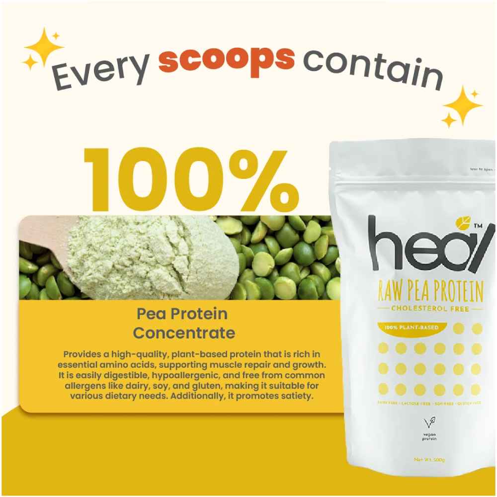 HEAL Raw Protein Powder 500g - (Whey / Pea) for Serbuk Protein, Whey Protein, Pea Protein