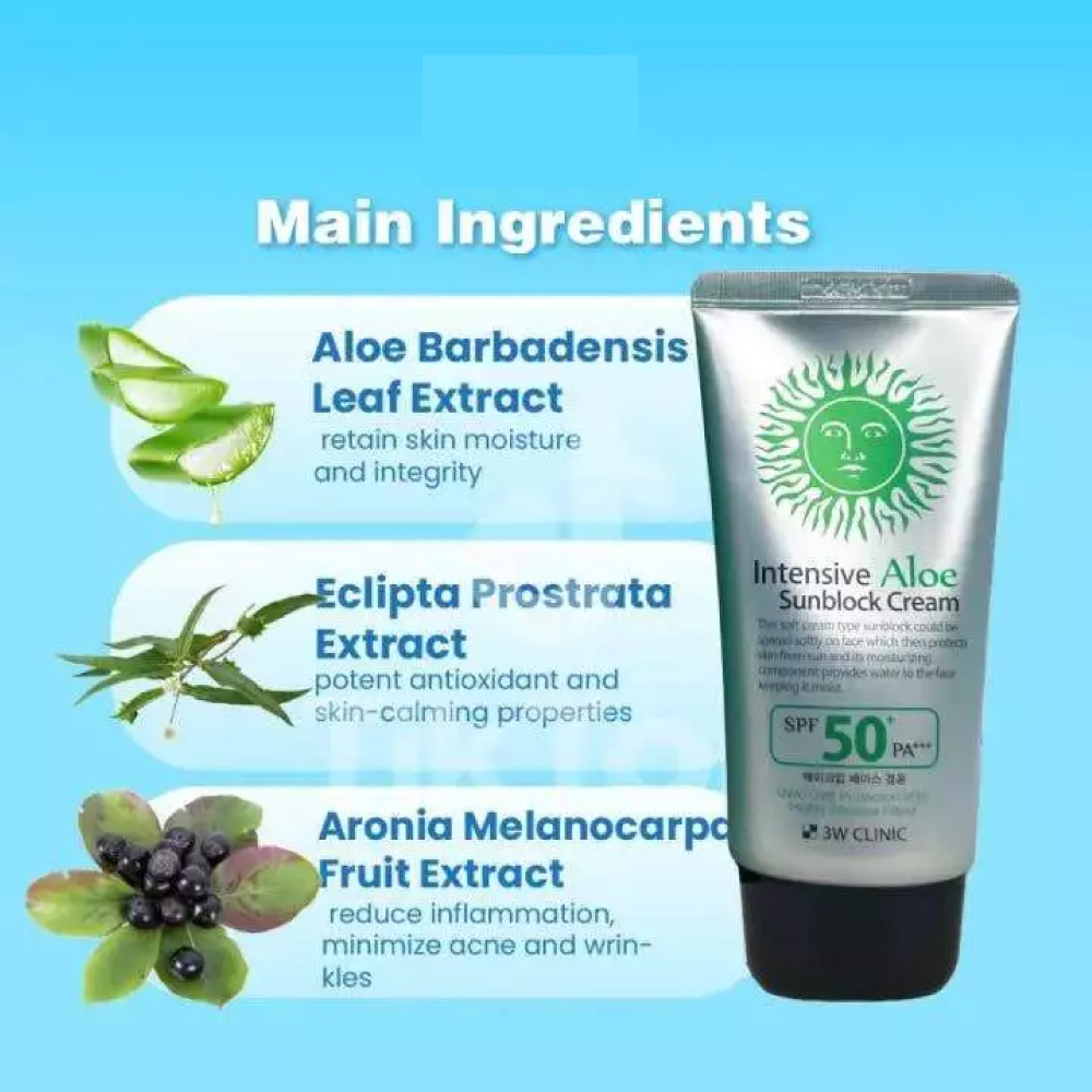 3W CLINIC Intensive Aloe Sunblock Cream 70ml for 3W Sunscreen, Sunblock Muka