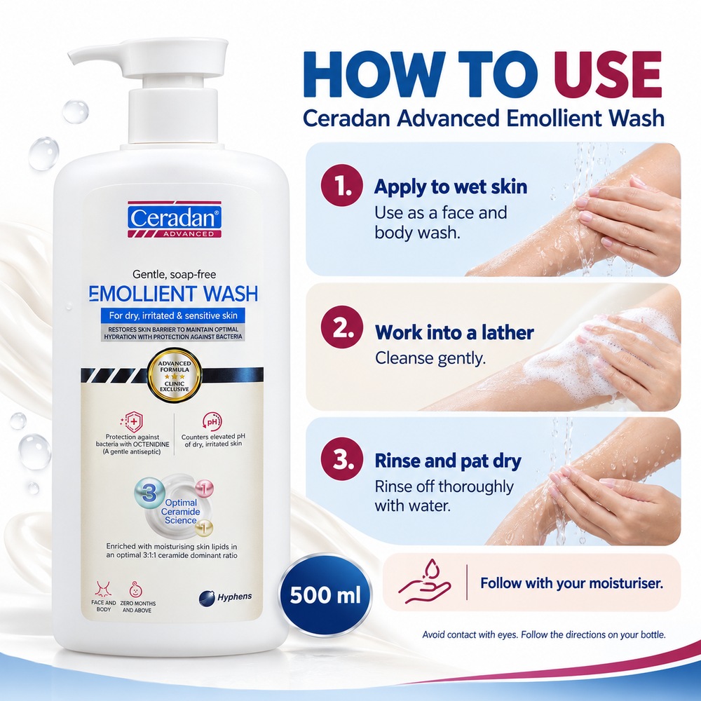 CERADAN Advanced Emollient Wash 500ml for Ceradan Body Wash, Face Wash, Sabun Ceradan