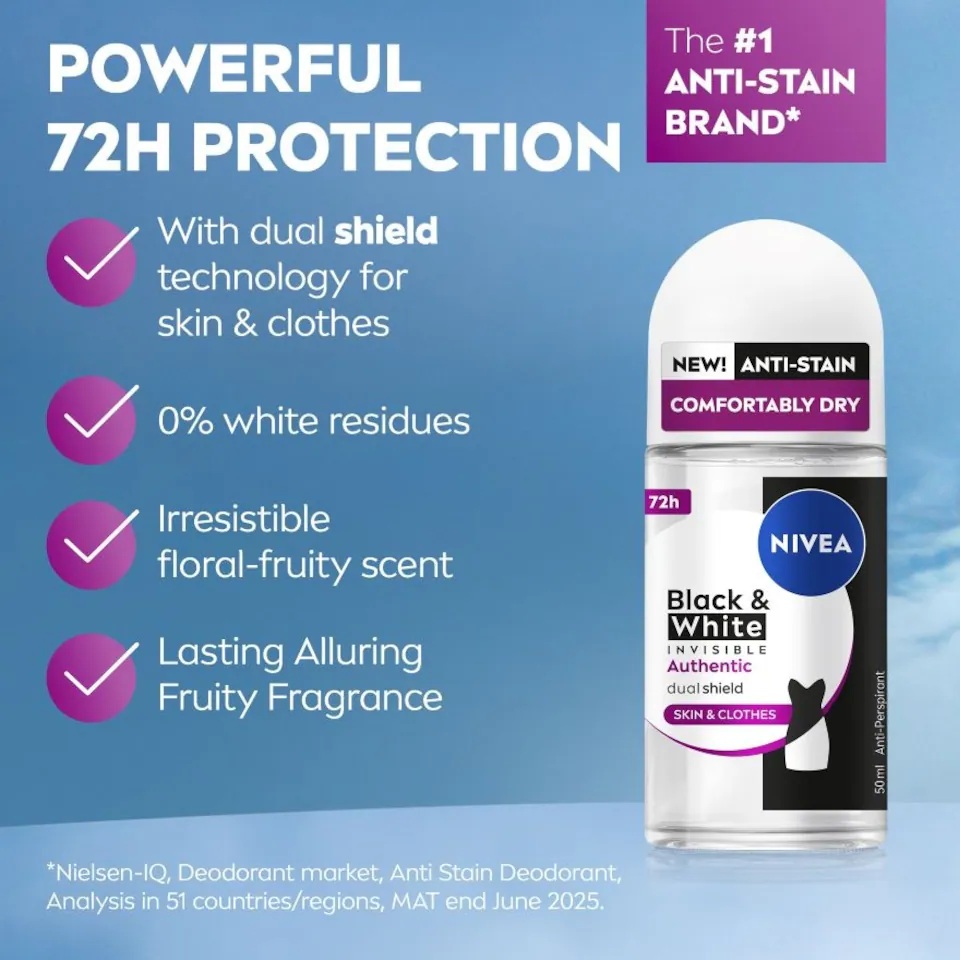 NIVEA Deodorant Black & White Authentic 50ml (1's / 2's) for Deodorant Roll, Nivea Deodorant