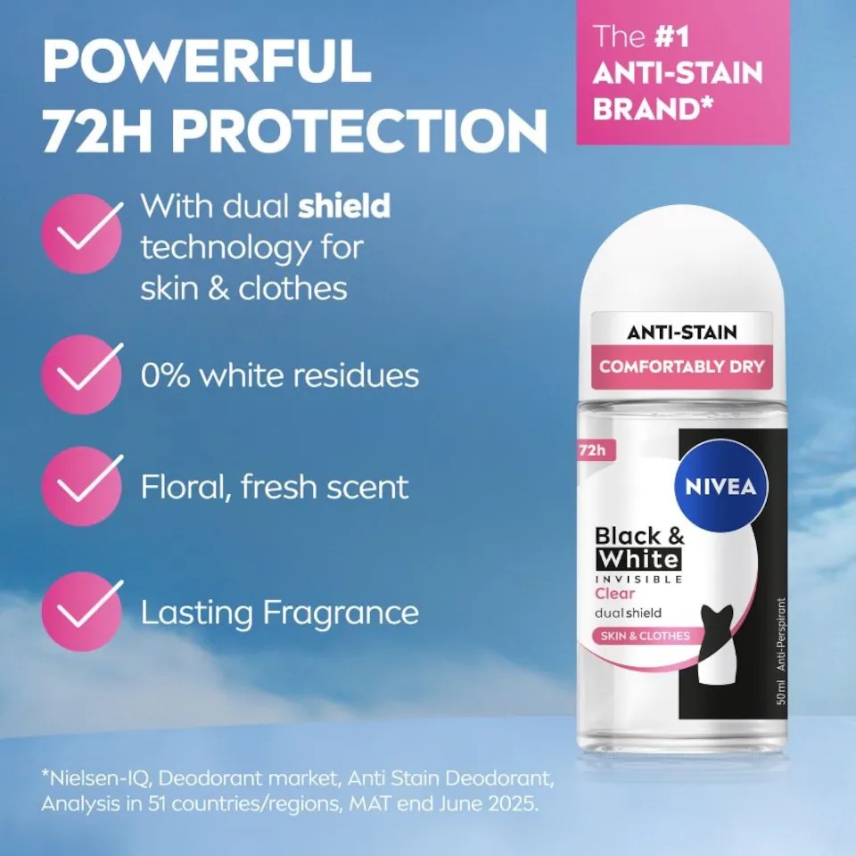 NIVEA Deodorant Black & White Clear 50ml for Roll On Deodorant, Deodorant Roll