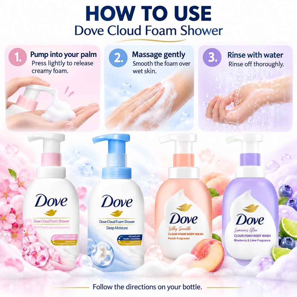 DOVE Cloud Foam Body Wash 400ml - Sakura / Deep Moisture / Peach / Blueberry for Sabun Mandi
