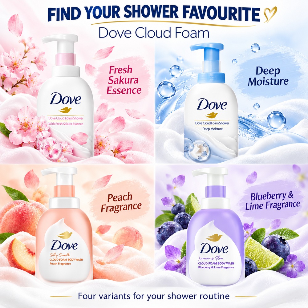DOVE Cloud Foam Body Wash 400ml - Sakura / Deep Moisture / Peach / Blueberry for Sabun Mandi