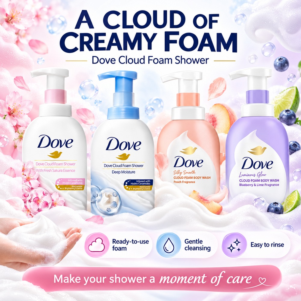 DOVE Cloud Foam Body Wash 400ml - Sakura / Deep Moisture / Peach / Blueberry for Sabun Mandi