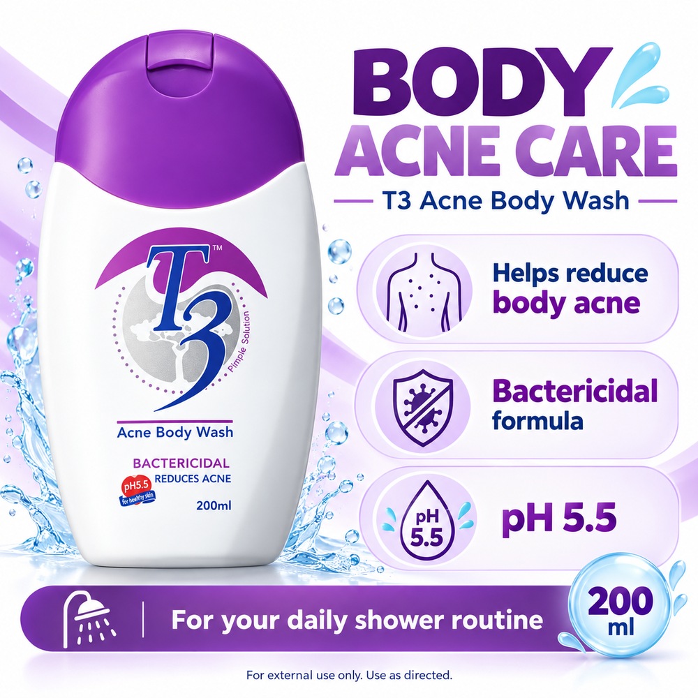 T3 Acne Body Wash 200ml for Sabun Badan, Sabun Jerawat Badan, Back Acne Wash, Tea Tree Oil