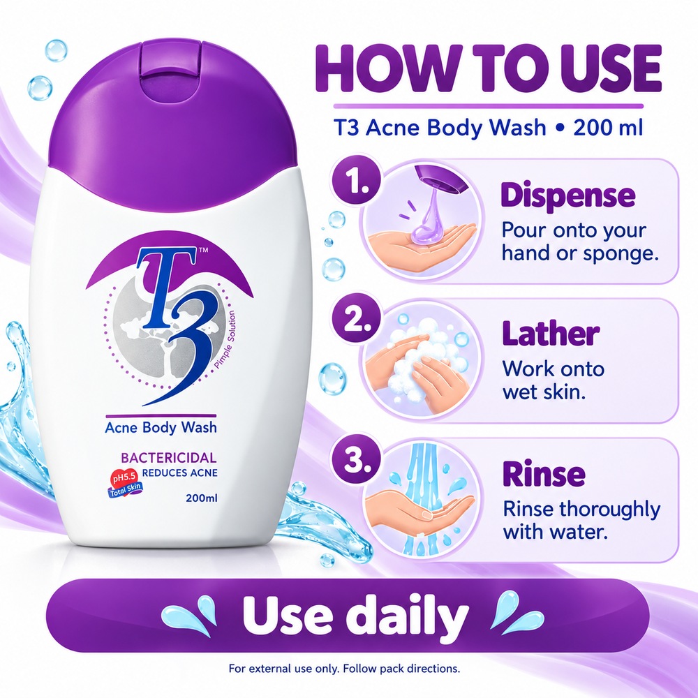 T3 Acne Body Wash 200ml for Sabun Badan, Sabun Jerawat Badan, Back Acne Wash, Tea Tree Oil