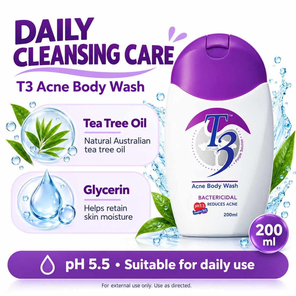 T3 Acne Body Wash 200ml for Sabun Badan, Sabun Jerawat Badan, Back Acne Wash, Tea Tree Oil