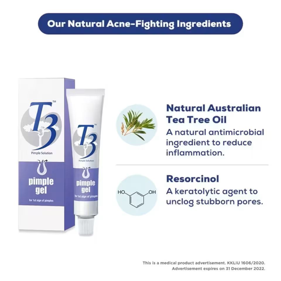T3 Pimple Gel 15g with Tea Tree Oil Acne Spot Care, Gel Jerawat T3, Pimple Spot Gel