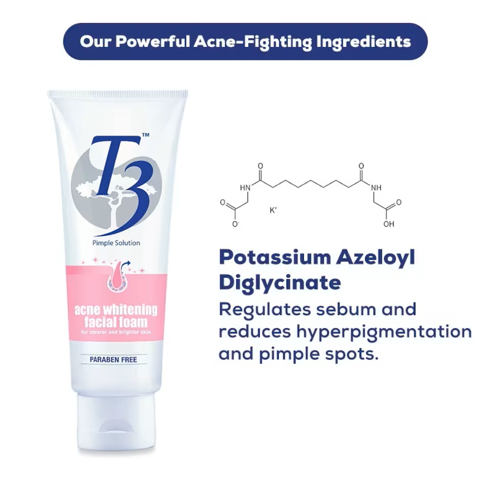 T3 Acne Whitening Facial Foam 100g for Brightening Face Cleanser, Face Wash T3