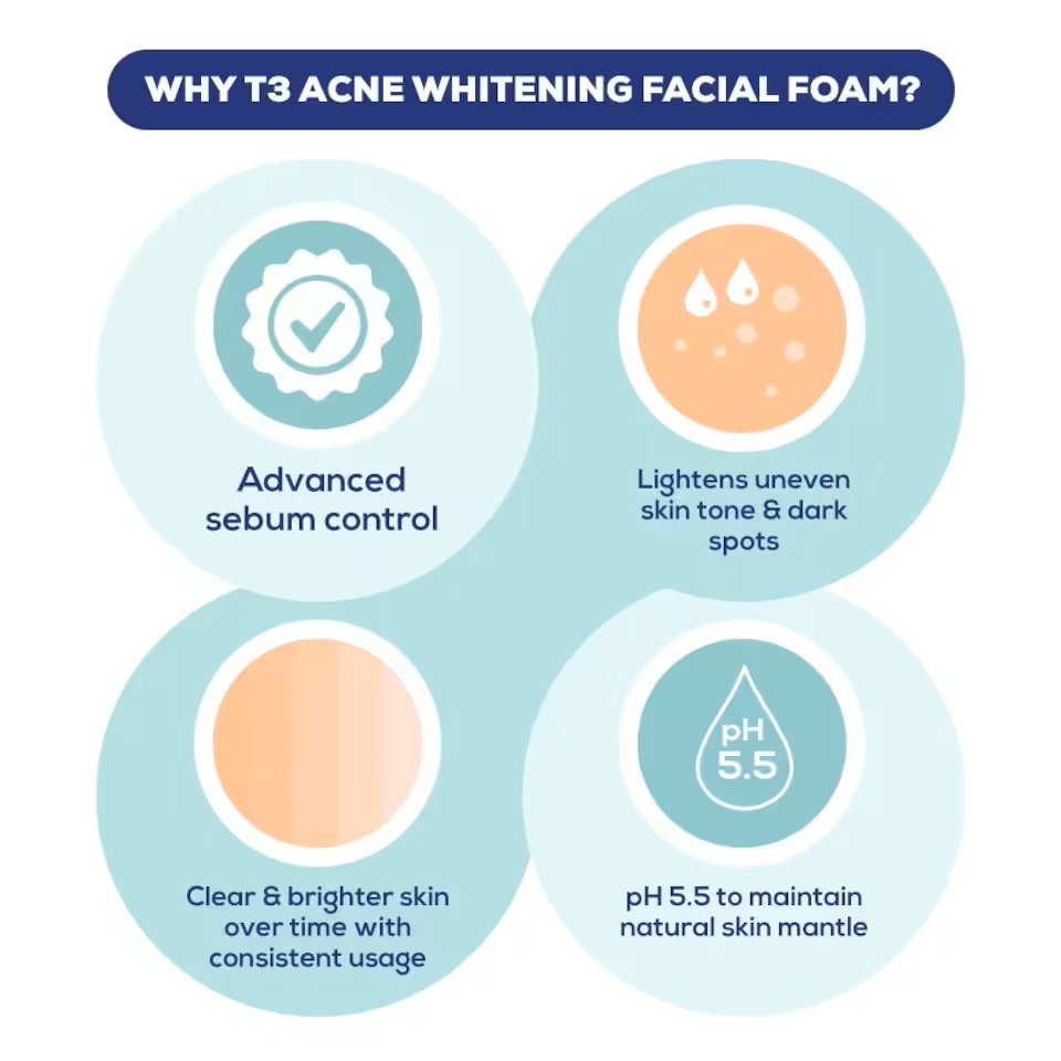 T3 Acne Whitening Facial Foam 100g for Brightening Face Cleanser, Face Wash T3