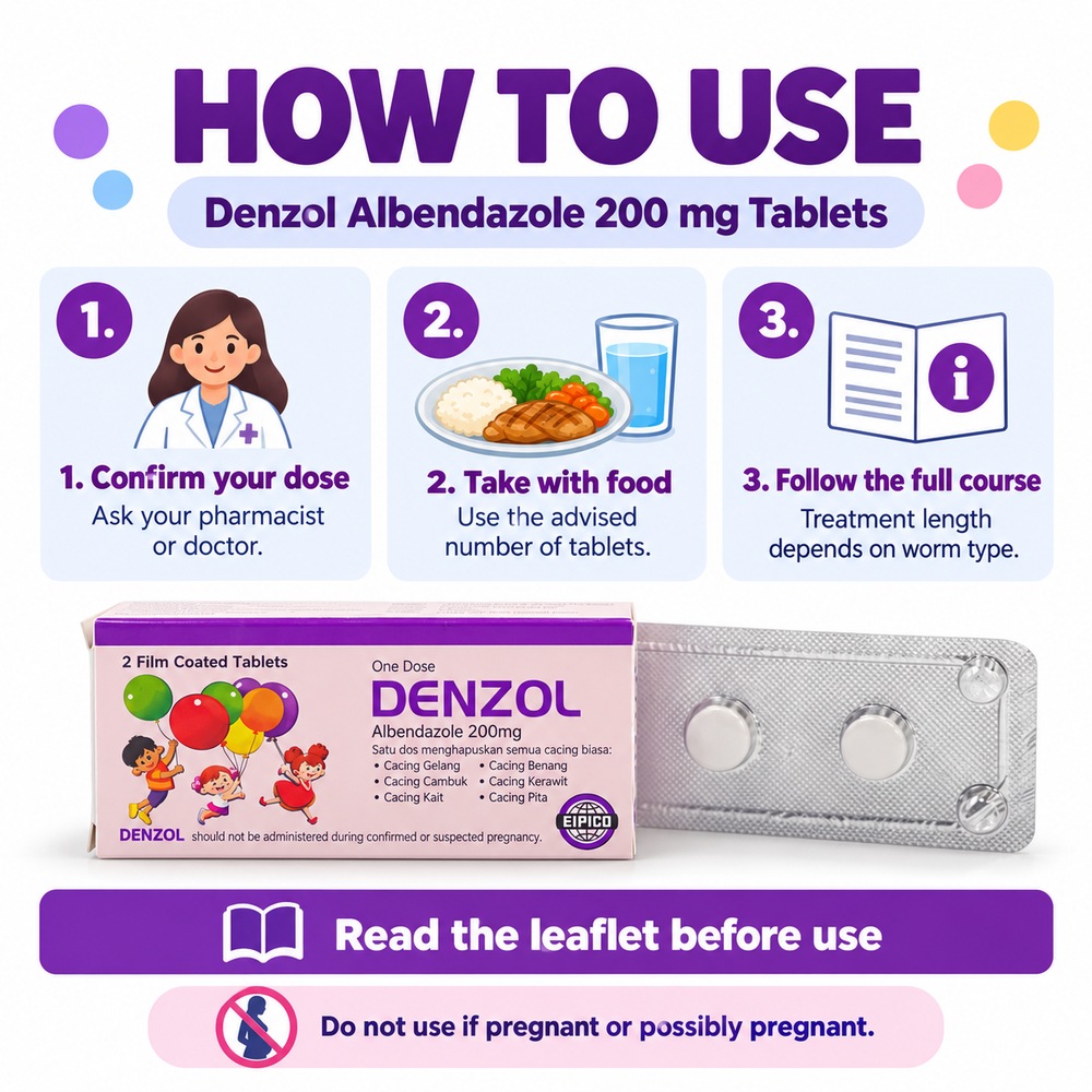 DENZOL Tablet Albendazole 200mg 2's for Deworm Tablet, Ubat Cacing