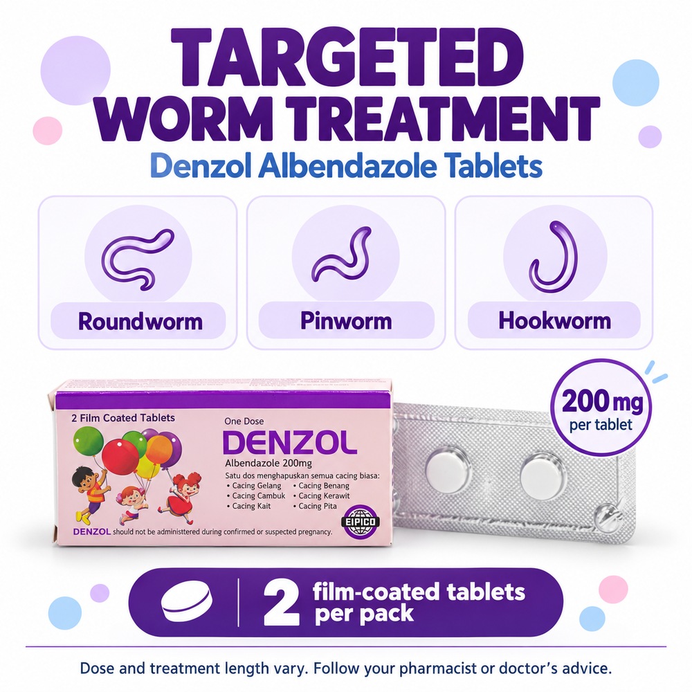 DENZOL Tablet Albendazole 200mg 2's for Deworm Tablet, Ubat Cacing